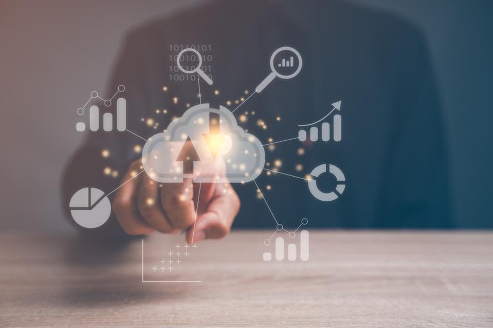 An abstract representation of cloud-native architecture and business value icons.